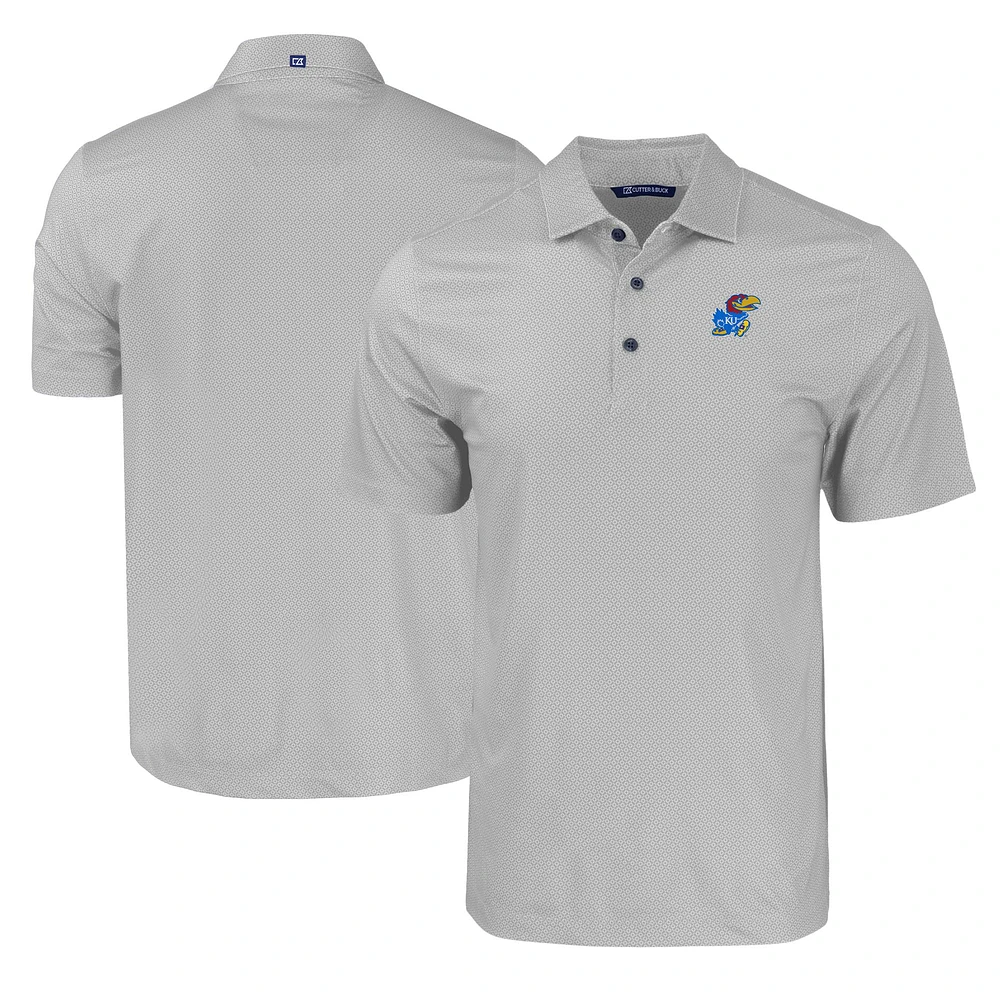 Men's Cutter & Buck Gray Kansas Jayhawks Pike Eco Tonal Geo Print Stretch Recycled Polo