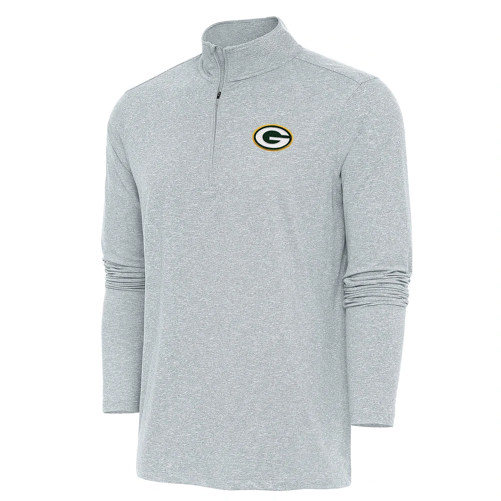Men's Antigua Heather Gray Green Bay Packers Hunk Quarter-Zip Pullover Top
