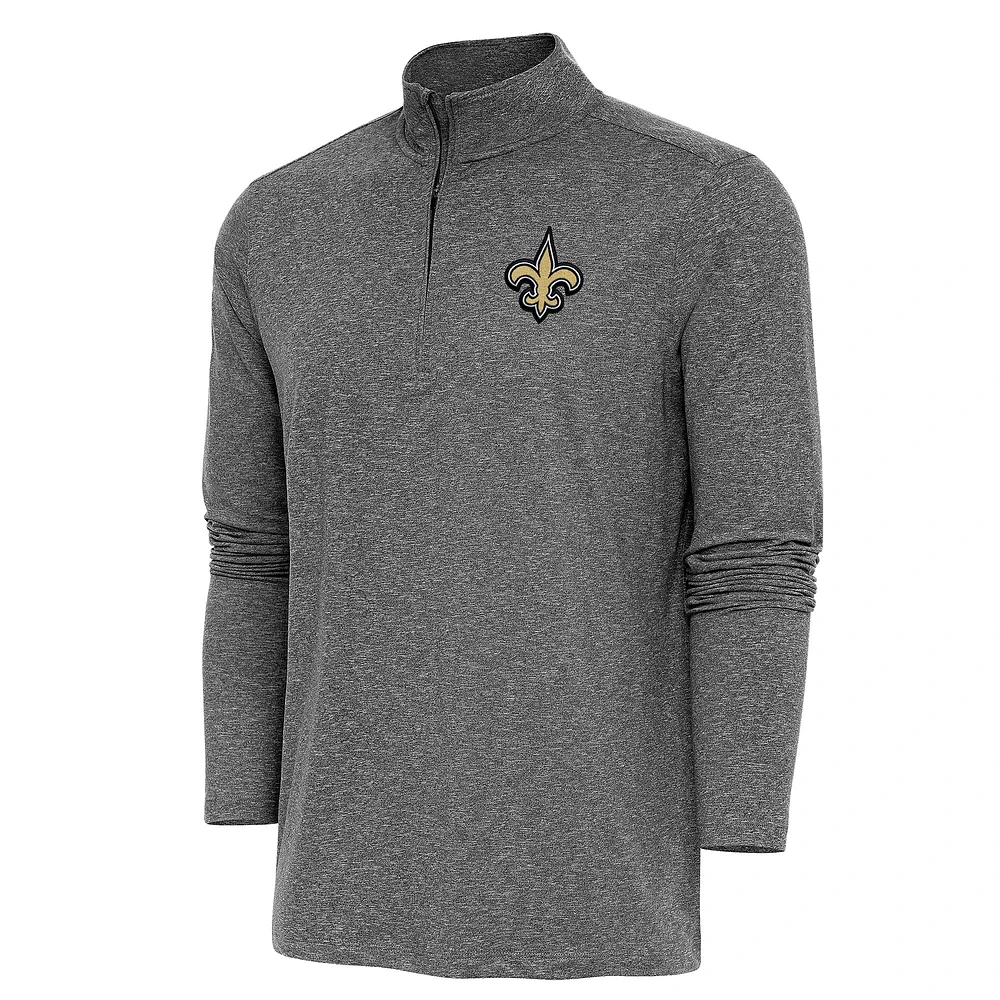 Men's Antigua Heather Black New Orleans Saints Hunk Quarter-Zip Pullover Top