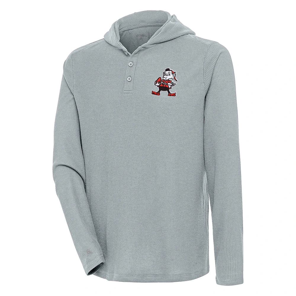 Men's Antigua Gray Cleveland Browns Strong Hold Long Sleeve Henley Hoodie T-Shirt