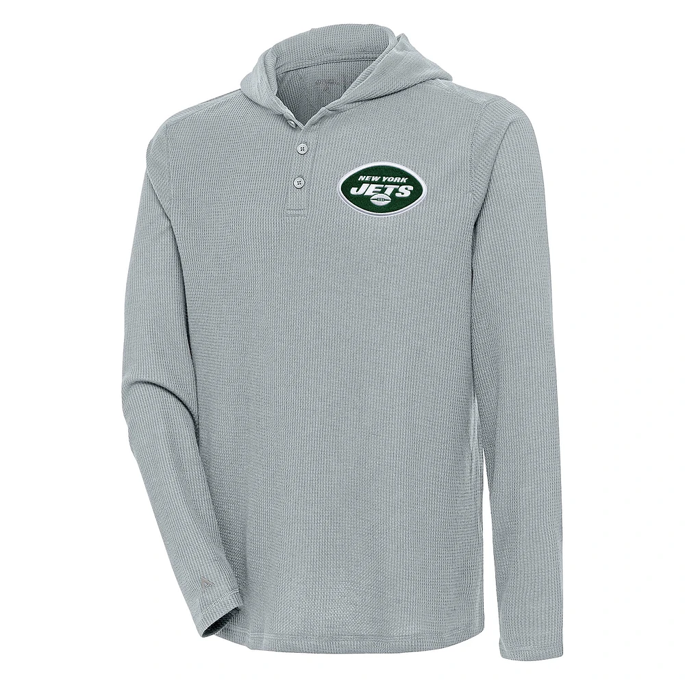 Men's Antigua Gray New York Jets Strong Hold Long Sleeve Henley Hoodie T-Shirt
