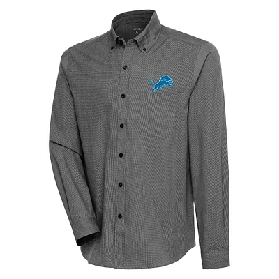 Men's Antigua Black/White Detroit Lions Compression Tri-Blend Long Sleeve Button-Down Shirt