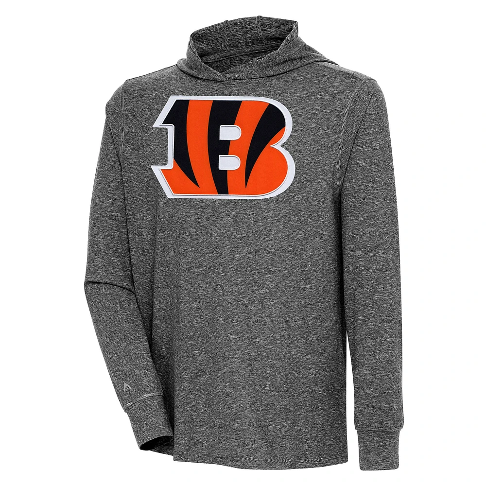Men's Antigua Heather Black Cincinnati Bengals Saga Long Sleeve Hoodie T-Shirt
