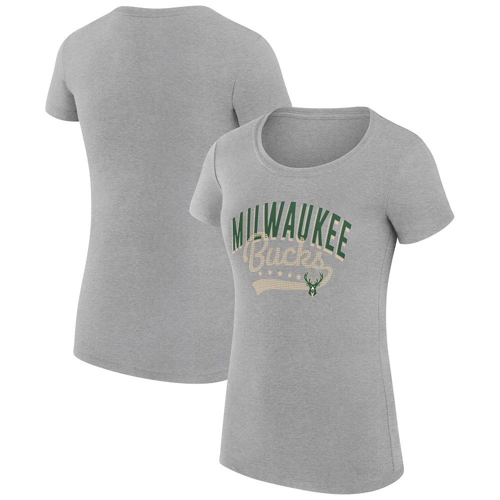 Women's G-III 4Her by Carl Banks Heather Gray Milwaukee Bucks Super-Slim Fit Lightweight Filigree Logo T-Shirt