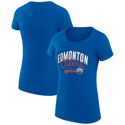 Women's G-III 4Her by Carl Banks Royal Edmonton Oilers Super-Slim Fit Lightweight Filigree Logo T-Shirt