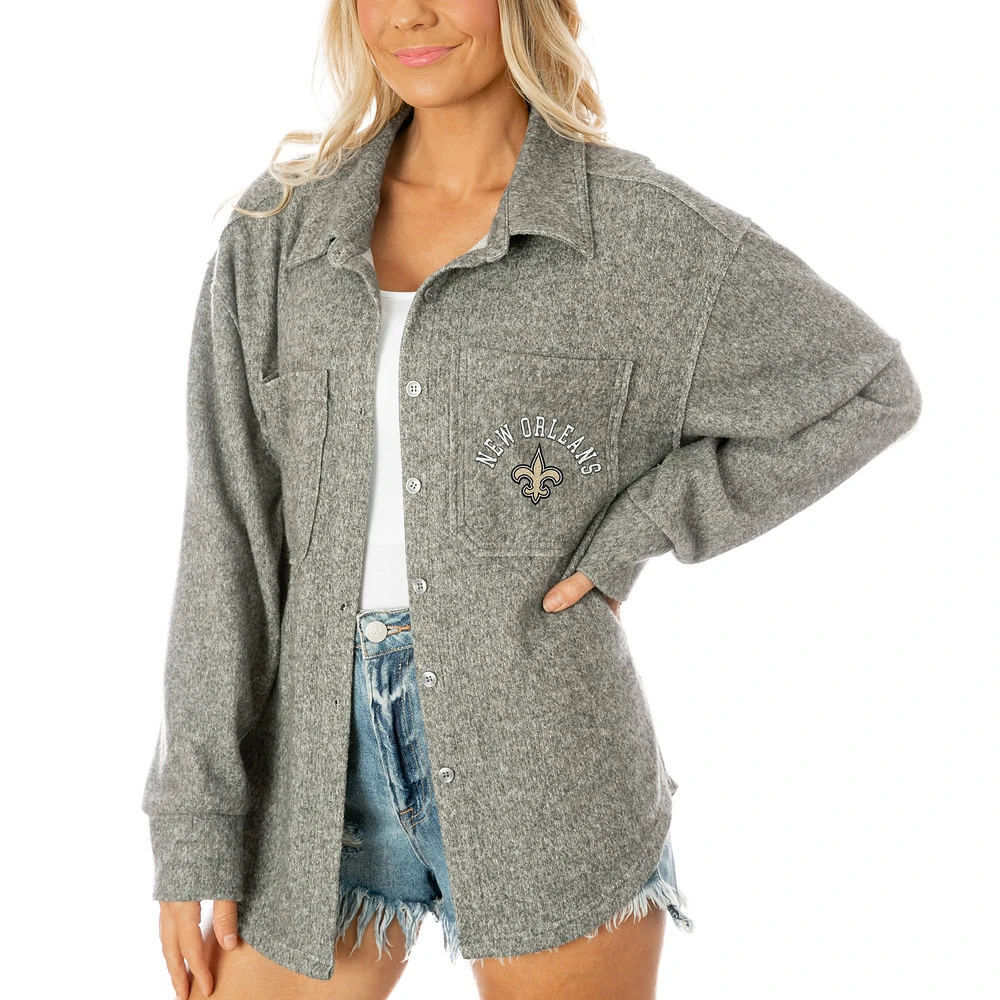 Women's Gameday Couture Gray New Orleans Saints Oversized Long Pass Button-Up Shacket