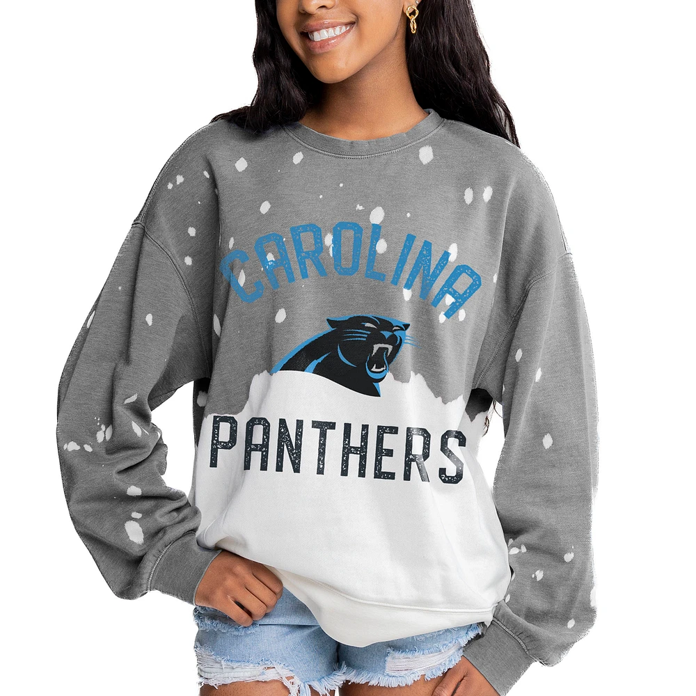Women's Gameday Couture Gray Carolina Panthers Oversized Coin Toss Faded French Terry Tri-Blend Pullover Sweatshirt