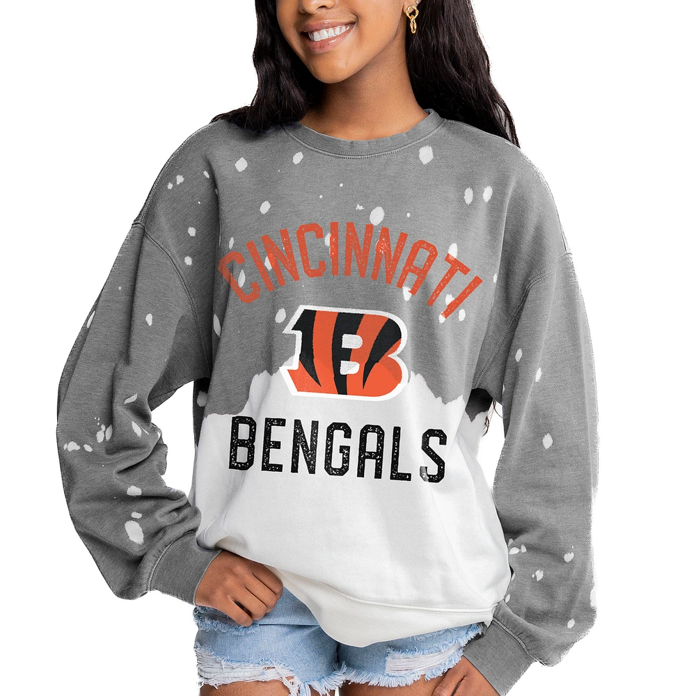 Women's Gameday Couture Gray Cincinnati Bengals Oversized Coin Toss Faded French Terry Tri-Blend Pullover Sweatshirt