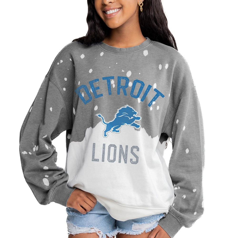 Women's Gameday Couture Gray Detroit Lions Oversized Coin Toss Faded French Terry Tri-Blend Pullover Sweatshirt