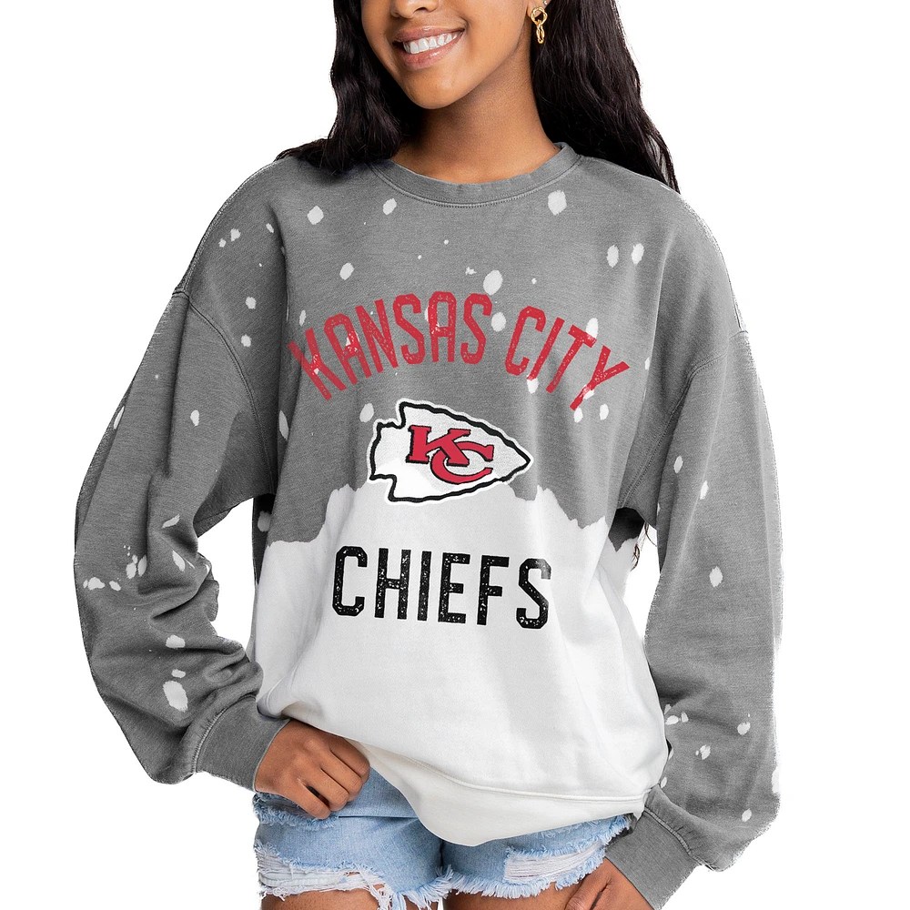 Women's Gameday Couture Gray Kansas City Chiefs Oversized Coin Toss Faded French Terry Tri-Blend Pullover Sweatshirt