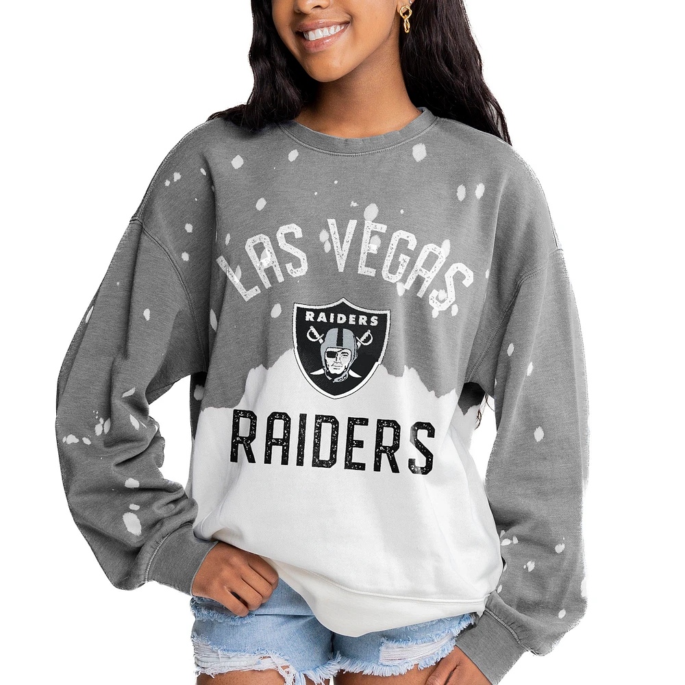 Women's Gameday Couture Gray Las Vegas Raiders Oversized Coin Toss Faded French Terry Tri-Blend Pullover Sweatshirt