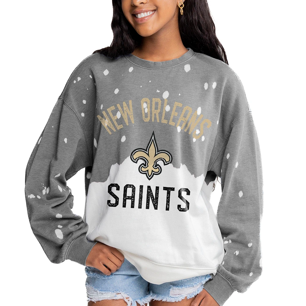 Women's Gameday Couture Gray New Orleans Saints Oversized Coin Toss Faded French Terry Tri-Blend Pullover Sweatshirt