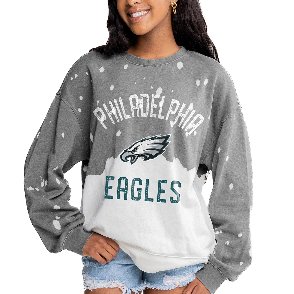 Women's Gameday Couture Gray Philadelphia Eagles Oversized Coin Toss Faded French Terry Tri-Blend Pullover Sweatshirt
