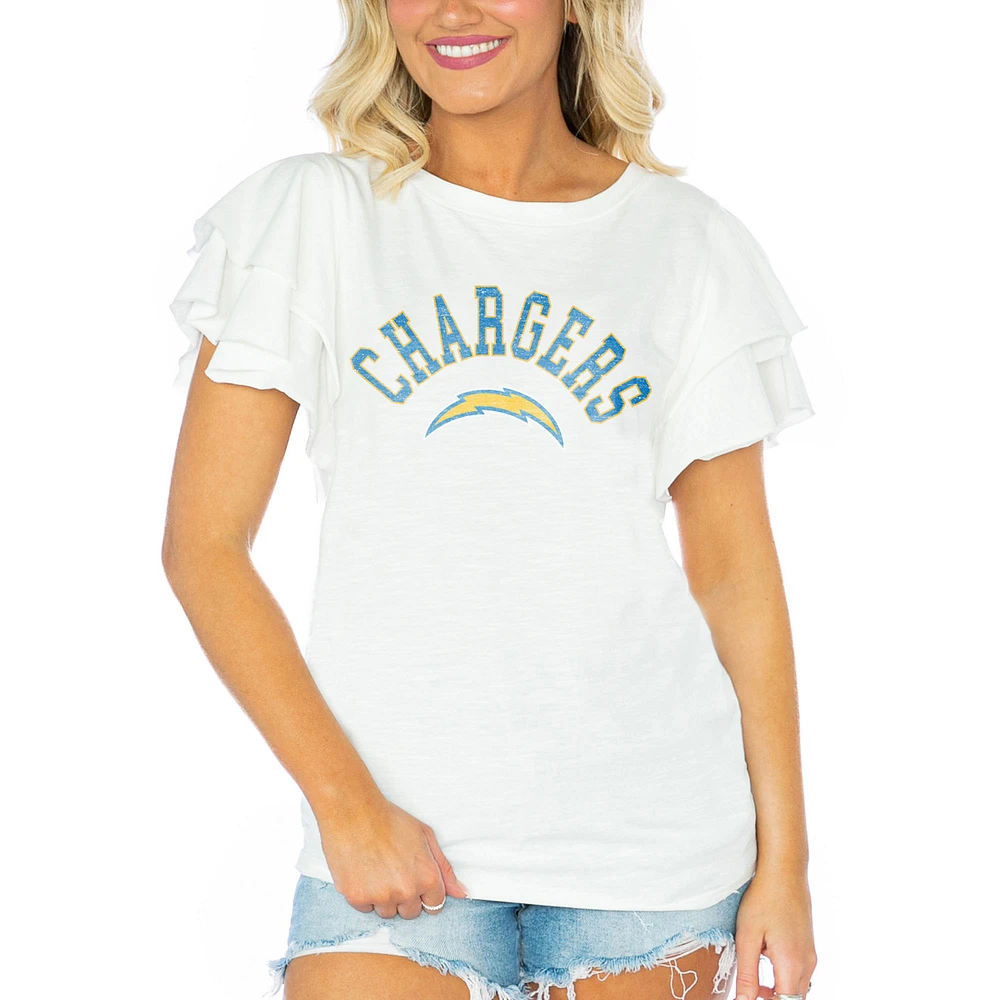 Women's Gameday Couture White Los Angeles Chargers Valkyrie Ruffle Sleeve Lightweight Top