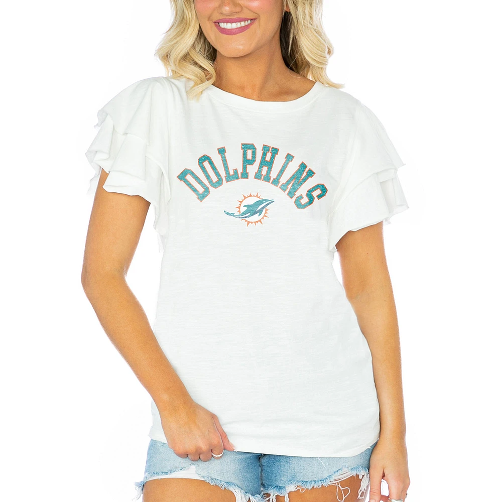 Women's Gameday Couture White Miami Dolphins Valkyrie Ruffle Sleeve Lightweight Top