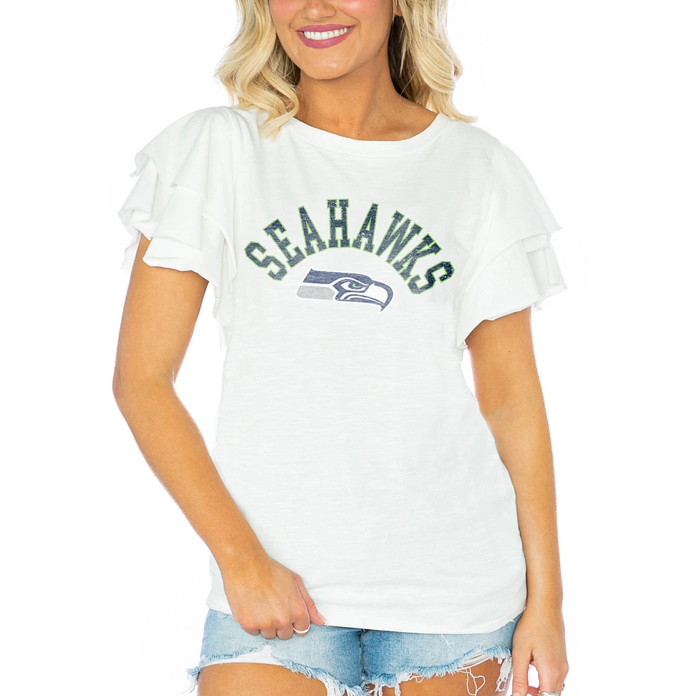 Women's Gameday Couture White Seattle Seahawks Valkyrie Ruffle Sleeve Lightweight Top