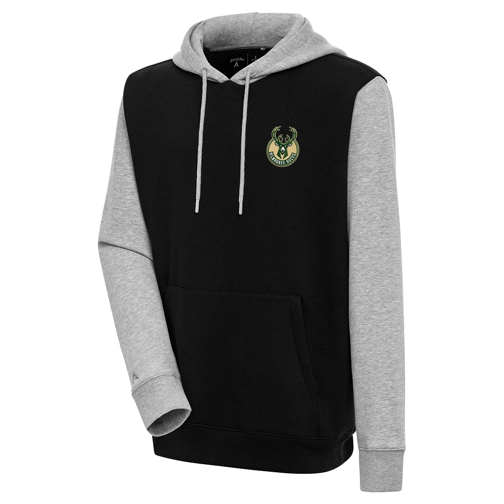 Men's Antigua Black/Heather Gray Milwaukee Bucks Victory Colorblock Pullover Hoodie