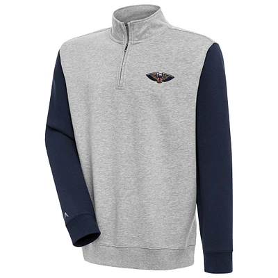 Men's Antigua Heather Gray/Navy New Orleans Pelicans Victory Colorblock Quarter-Zip Pullover Top