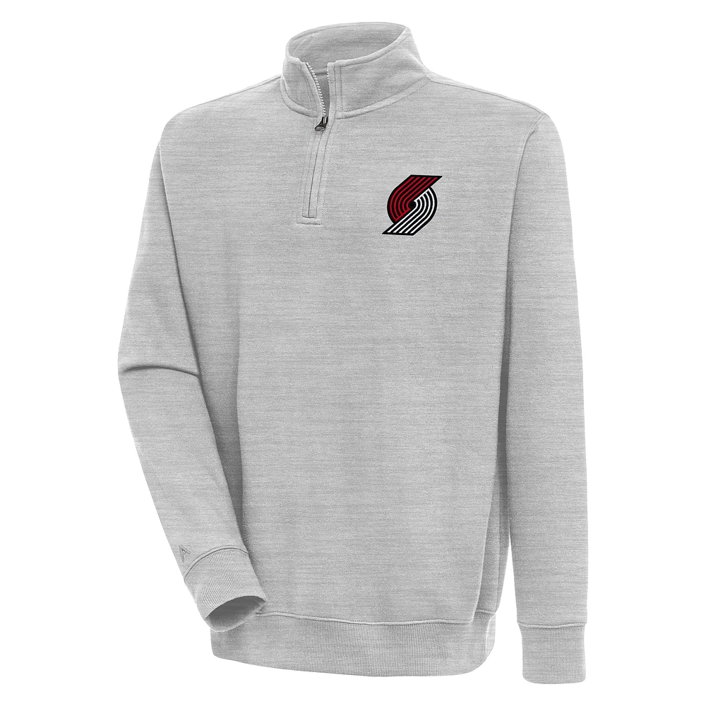 Men's Antigua Heather Gray Portland Trail Blazers Victory Quarter-Zip Pullover Top