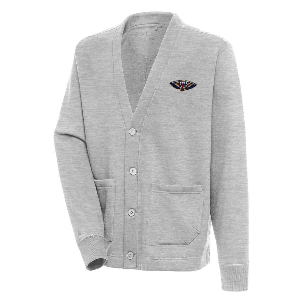 Men's Antigua Heather Gray New Orleans Pelicans Victory Button-Up Cardigan