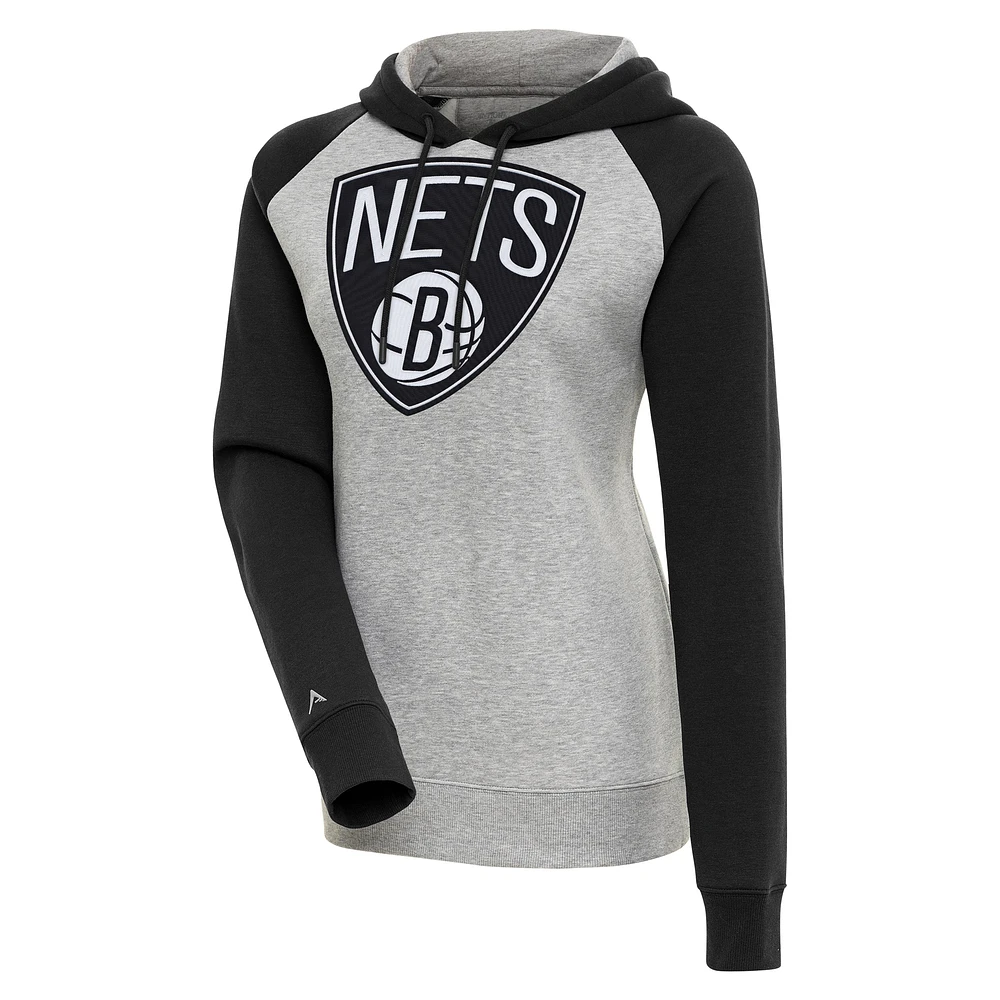 Women's Antigua Heather Gray/Black Brooklyn Nets Victory Raglan Sleeve Pullover Hoodie