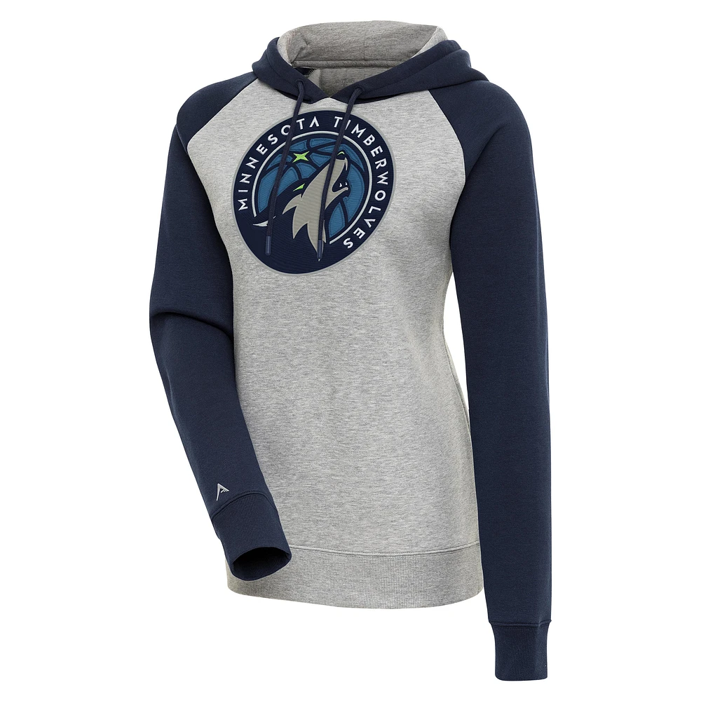 Women's Antigua Heather Gray/Navy Minnesota Timberwolves Victory Raglan Sleeve Pullover Hoodie