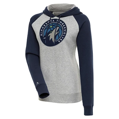Women's Antigua Heather Gray/Navy Minnesota Timberwolves Victory Raglan Sleeve Pullover Hoodie