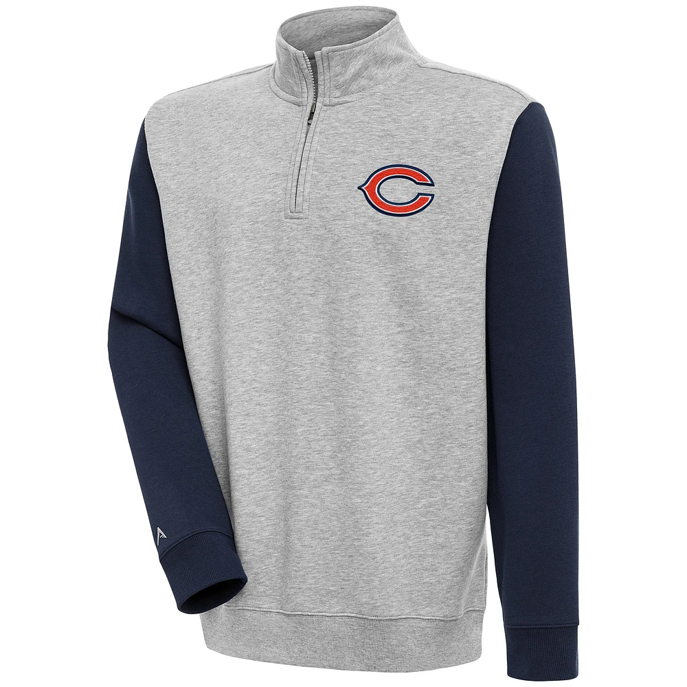 Men's Antigua Heather Gray/Navy Chicago Bears Victory Colorblock Quarter-Zip Pullover Top