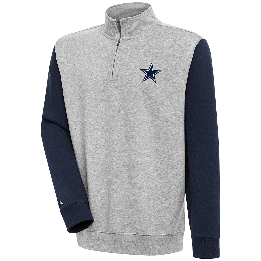 Men's Antigua Heather Gray/Navy Dallas Cowboys Victory Colorblock Quarter-Zip Pullover Top