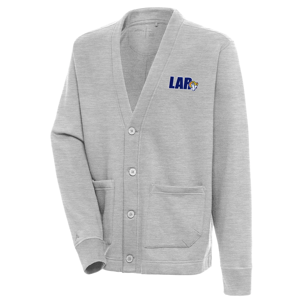 Men's Antigua Heather Gray Los Angeles Rams Victory Button-Up Cardigan
