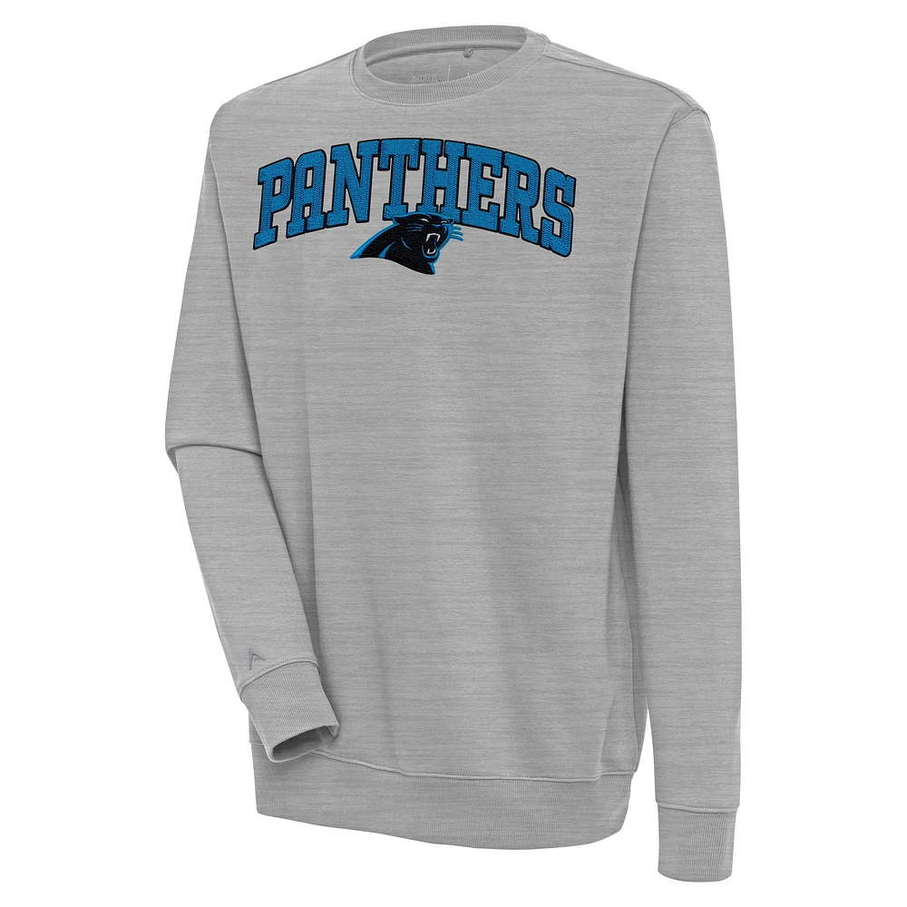 Men's Antigua Heather Gray Carolina Panthers Victory Chenille Pullover Sweatshirt