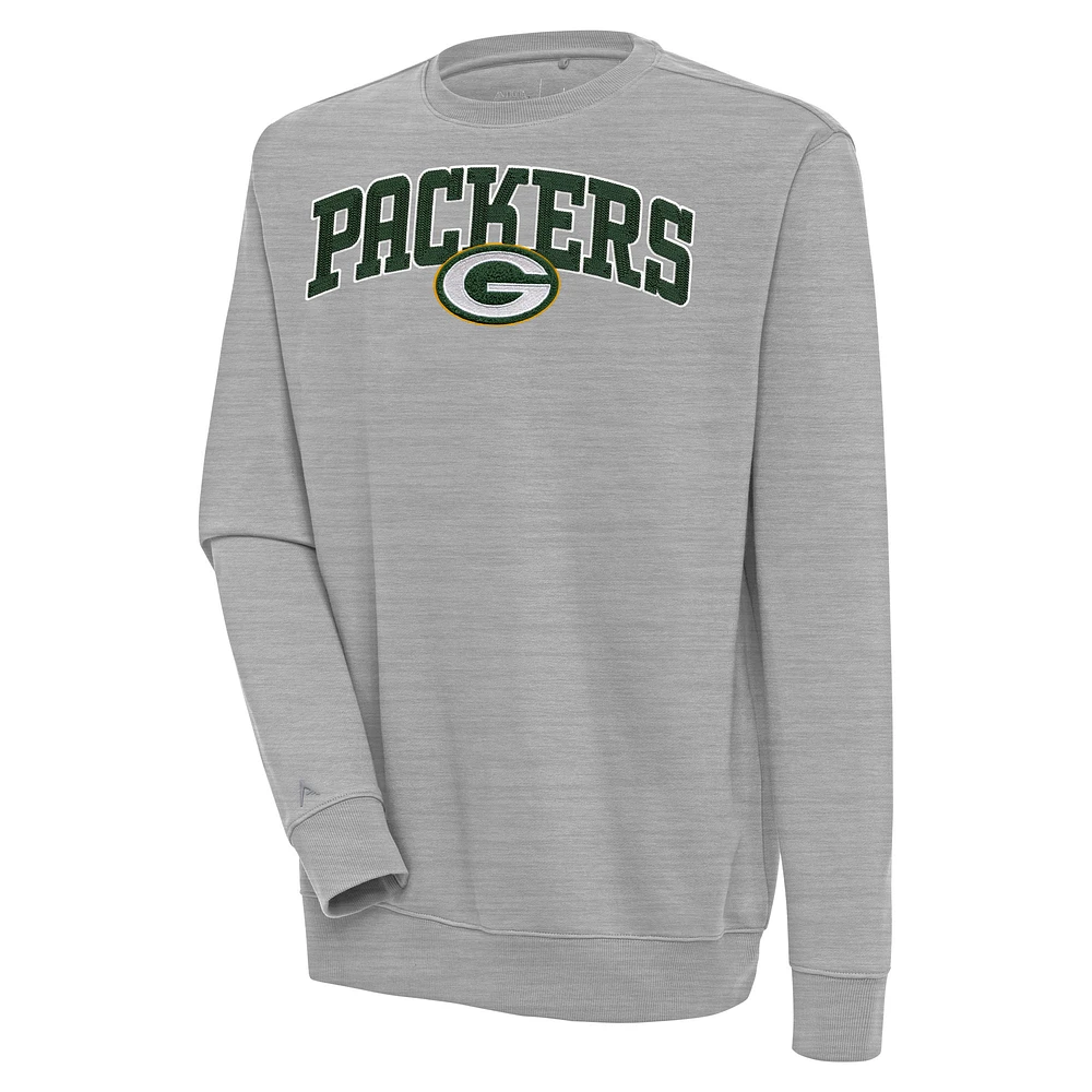 Men's Antigua Heather Gray Green Bay Packers Victory Chenille Pullover Sweatshirt