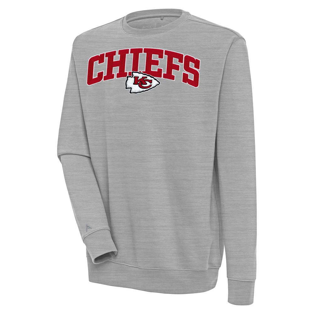 Men's Antigua Heather Gray Kansas City Chiefs Victory Chenille Pullover Sweatshirt