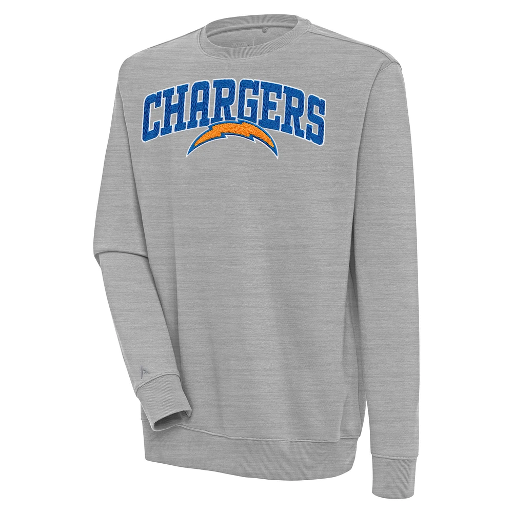 Men's Antigua Heather Gray Los Angeles Chargers Victory Chenille Pullover Sweatshirt
