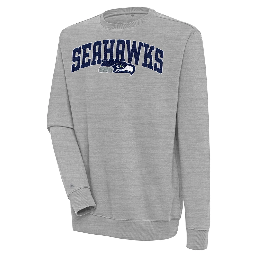 Men's Antigua Heather Gray Seattle Seahawks Victory Chenille Pullover Sweatshirt