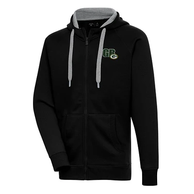 Men's Antigua Black Green Bay Packers Victory Full-Zip Hoodie
