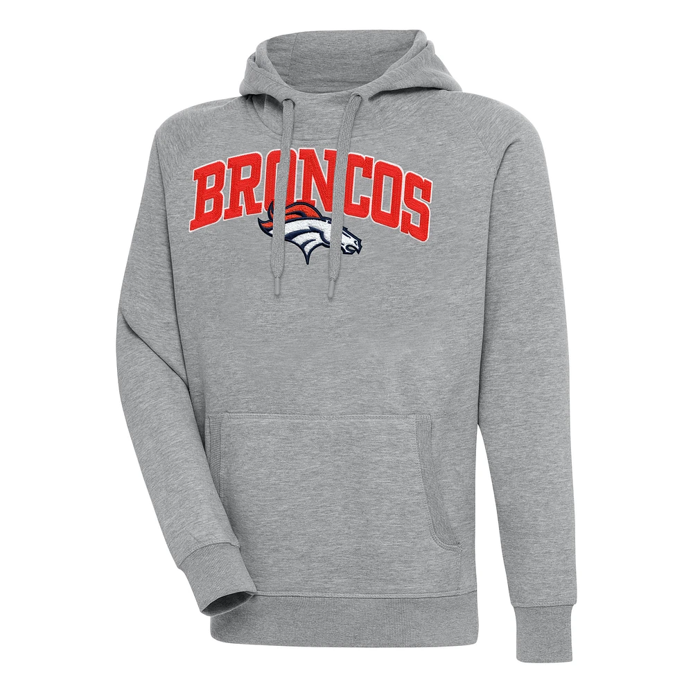 Men's Antigua Heather Gray Denver Broncos Victory Pullover Hoodie