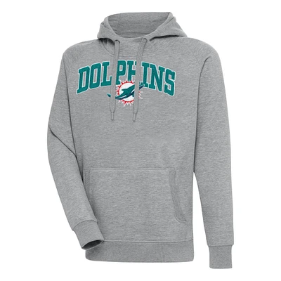 Men's Antigua Heather Gray Miami Dolphins Victory Pullover Hoodie