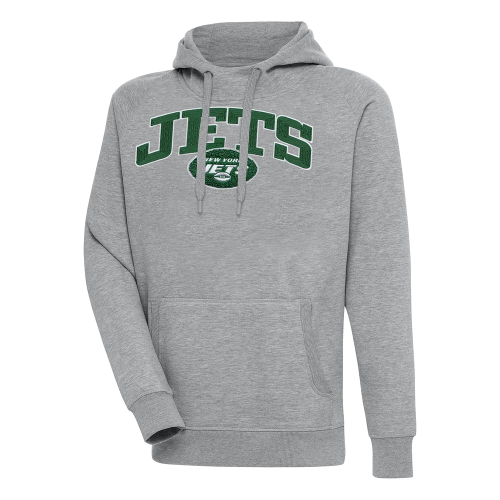 Men's Antigua Heather Gray New York Jets Victory Pullover Hoodie