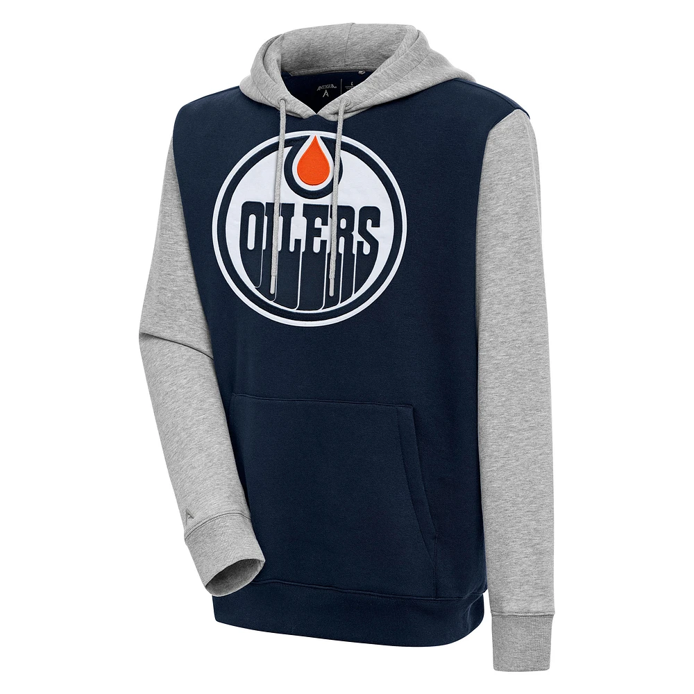 Men's Antigua Navy/Heather Gray Edmonton Oilers Victory Colorblock Pullover Hoodie