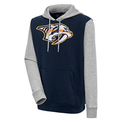 Men's Antigua Navy/Heather Gray Nashville Predators Victory Colorblock Pullover Hoodie