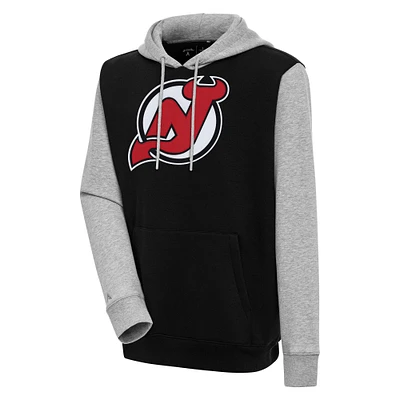 Men's Antigua Black/Heather Gray New Jersey Devils Victory Colorblock Pullover Hoodie