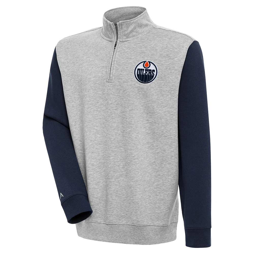 Men's Antigua Heather Gray/Navy Edmonton Oilers Victory Colorblock Quarter-Zip Pullover Top