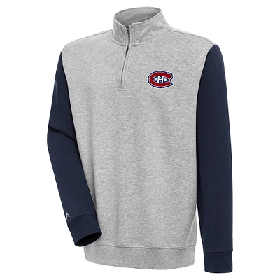 Men's Antigua Heather Gray/Navy Montreal Canadiens Victory Colorblock Quarter-Zip Pullover Top