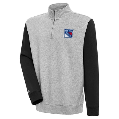 Men's Antigua Heather Gray/Black New York Rangers Victory Colorblock Quarter-Zip Pullover Top