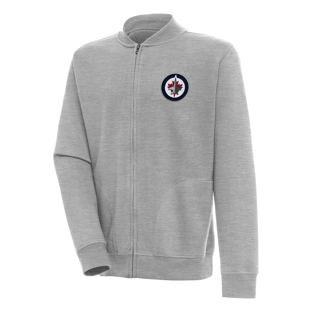 Men's Antigua Heather Gray Winnipeg Jets Victory Full-Zip Jacket