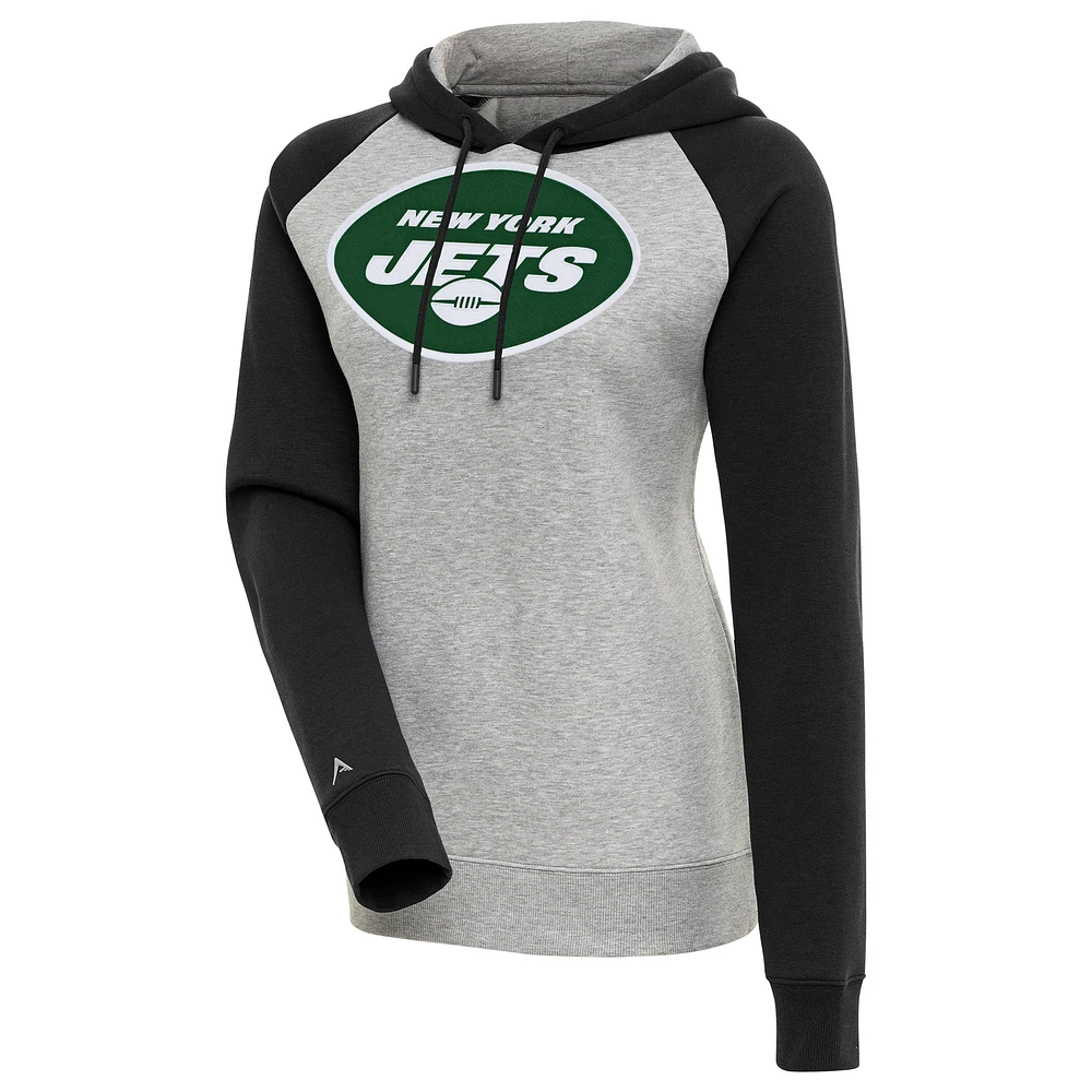 Women's Antigua Heather Gray/Black New York Jets Victory Raglan Sleeve Pullover Hoodie