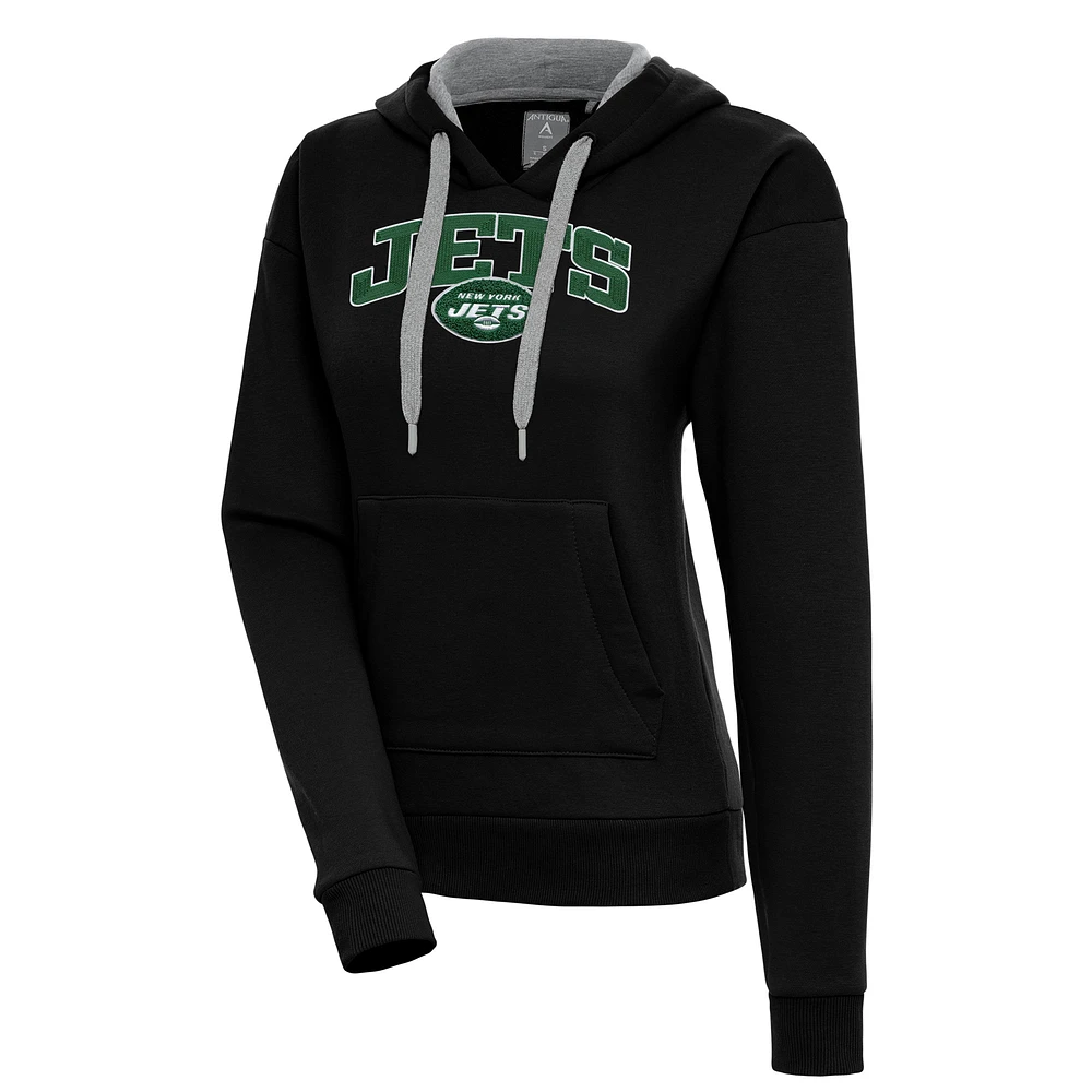 Women's Antigua Black New York Jets Victory Chenille Pullover Hoodie