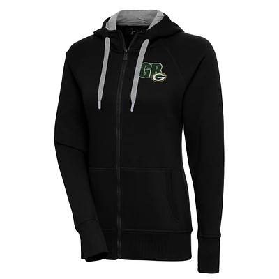 Women's Antigua Black Green Bay Packers Victory Full-Zip Hoodie