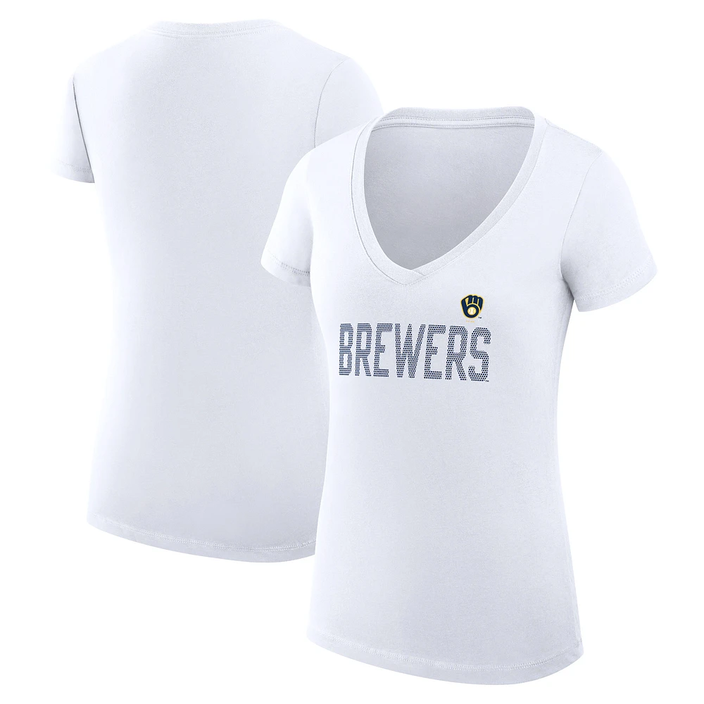 Women's G-III 4Her by Carl Banks White Milwaukee Brewers Super-Slim Fit Lightweight Dot Print V-Neck T-Shirt